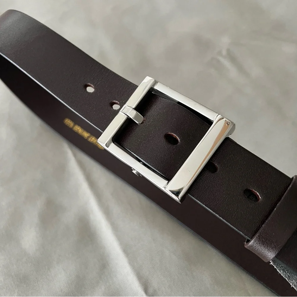 100% Leather Brown Belt with Silver-Tone Buckle 38